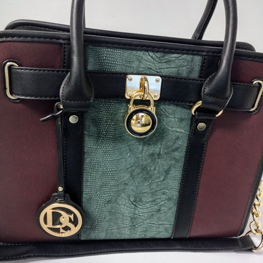 Dasein Satchel Handbag w/Shoulder Straps and Padlock (Brown/Green/Black) - Picture 4 of 10